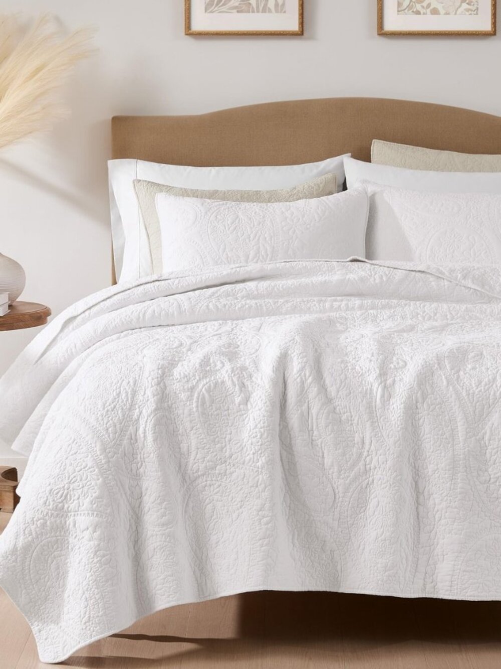 Paisley 100% Cotton Quilt Set King Size, White Coverlet